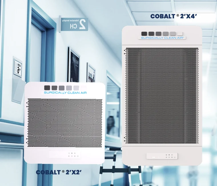Cobalt wall and ceiling air purification units in a hallway.