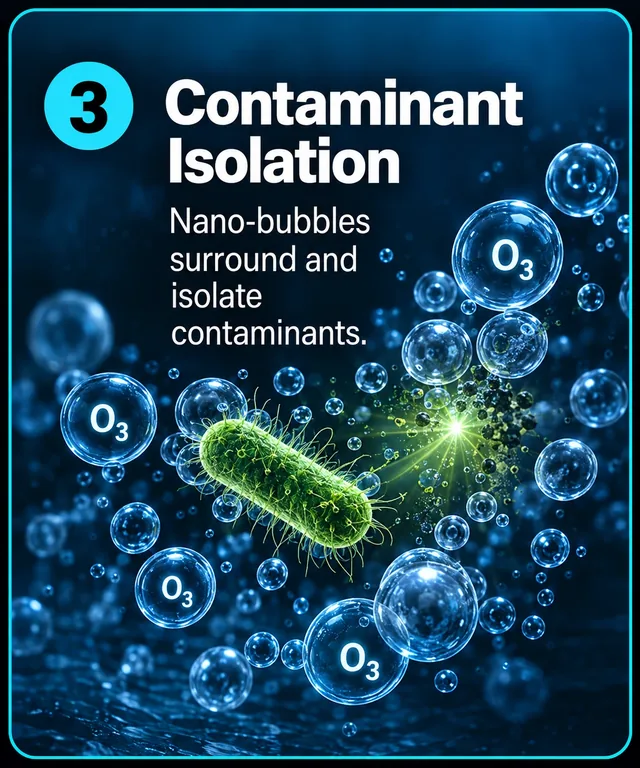 Step 3: Contaminant isolation. Nano-bubbles surround a bacterium and other contaminants.